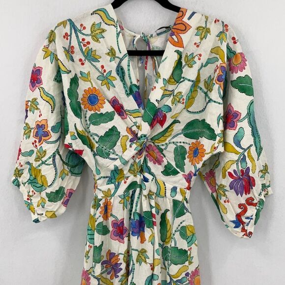 NWT Zara Multicolor Floral Linen Blend 3/4 Sleeves Knotted Maxi Dress Size XS - Picture 11 of 13